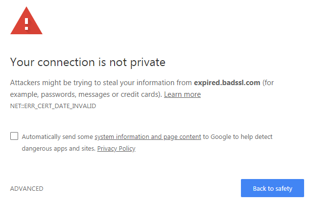 Your connection is not private Google Chrome warning.